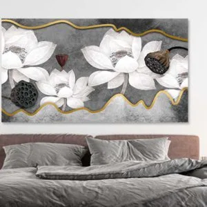 tablou canvas decor dormitor flori albe auriu 17111