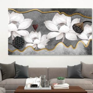 tablou living canvas decor auriu flori albe 17111