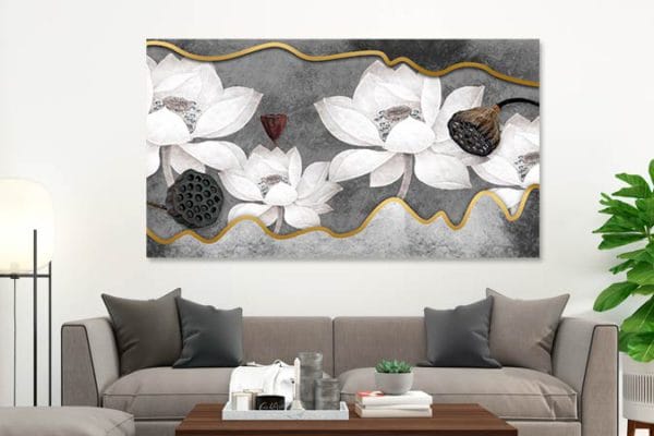 tablou living canvas decor auriu flori albe 17111