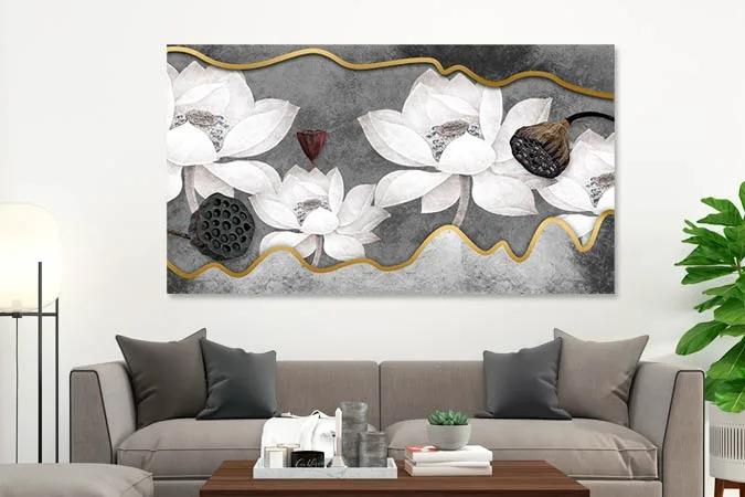 tablou living canvas decor auriu flori albe 17111