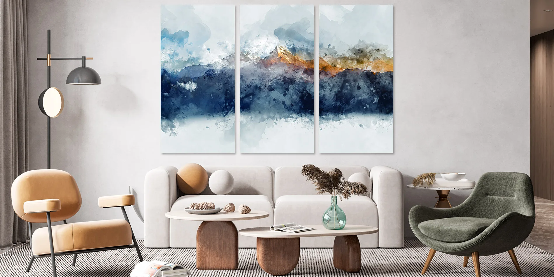 tablou 3 piese munte albastru auriu header 1900