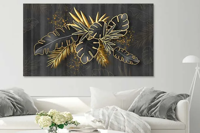 tablou living modern frunze gri auriu 17153